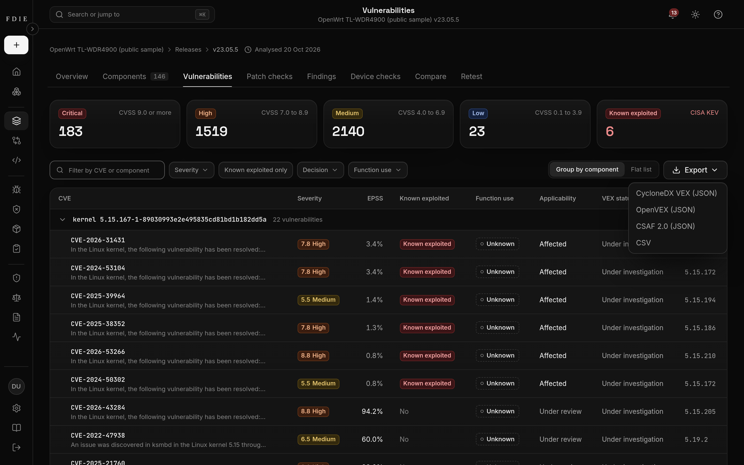 The VEX statements page in FDIE with export buttons for CycloneDX VEX, OpenVEX and CSAF.