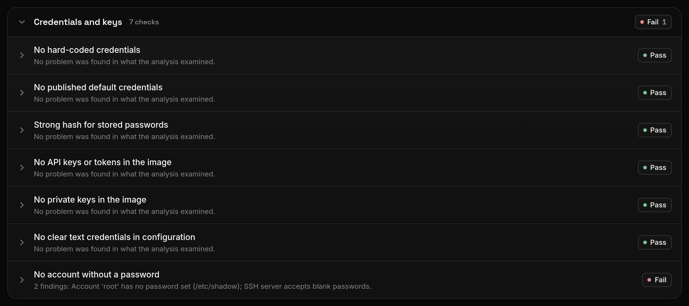 The Credentials and keys group of device checks in FDIE, with results for hard-coded credentials, default credentials, password hashes, tokens, private keys and accounts without a password.