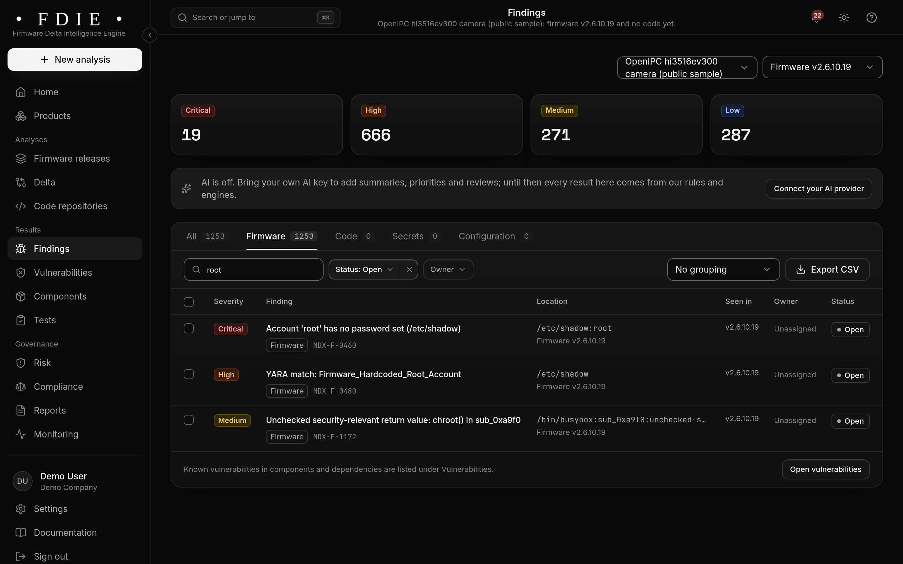 The secrets findings for a firmware release in FDIE, each with its type, the file it was found in and the value masked.
