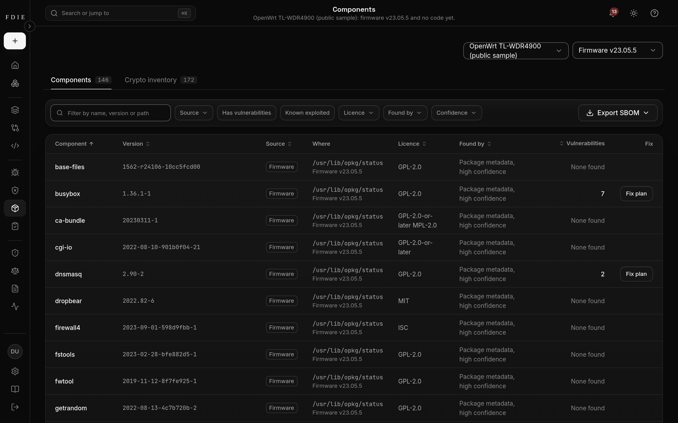 The components list in FDIE for an OpenWrt router release, each with its version, licence, how it was identified and its vulnerabilities.