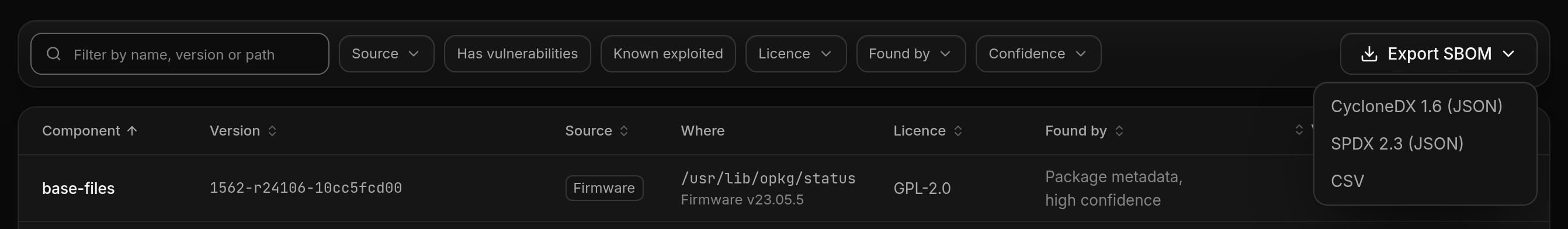 The SBOM export choices in FDIE, CycloneDX 1.6 and SPDX 2.3, for one release.