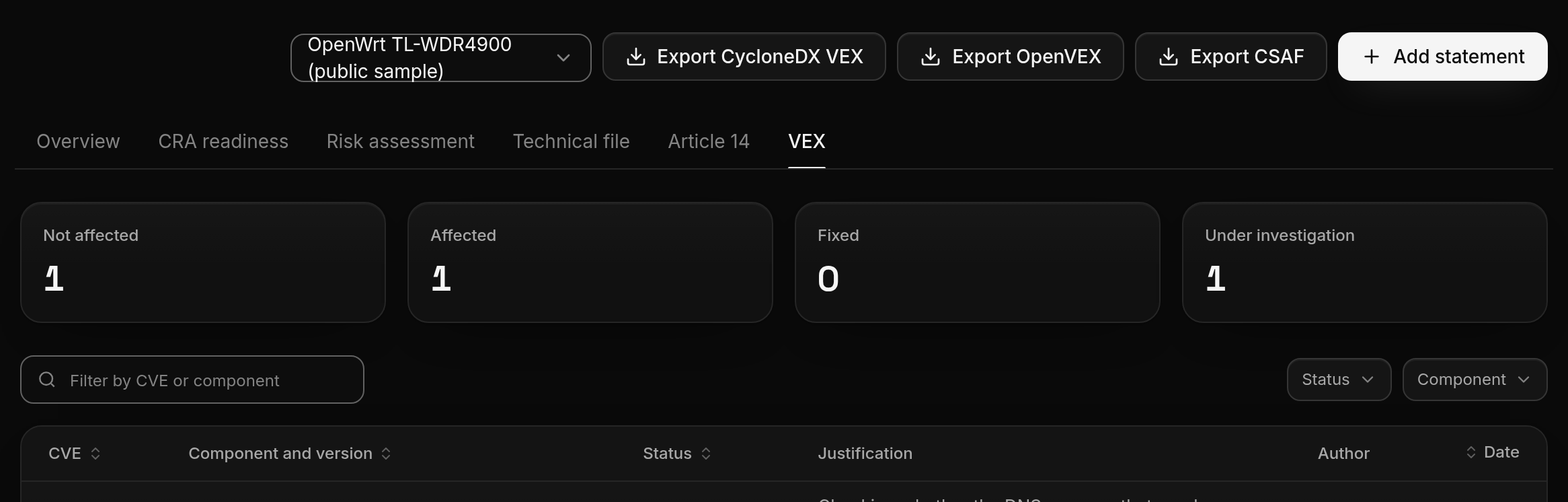 The export buttons on the VEX statements page in FDIE, for CycloneDX VEX, OpenVEX and CSAF.
