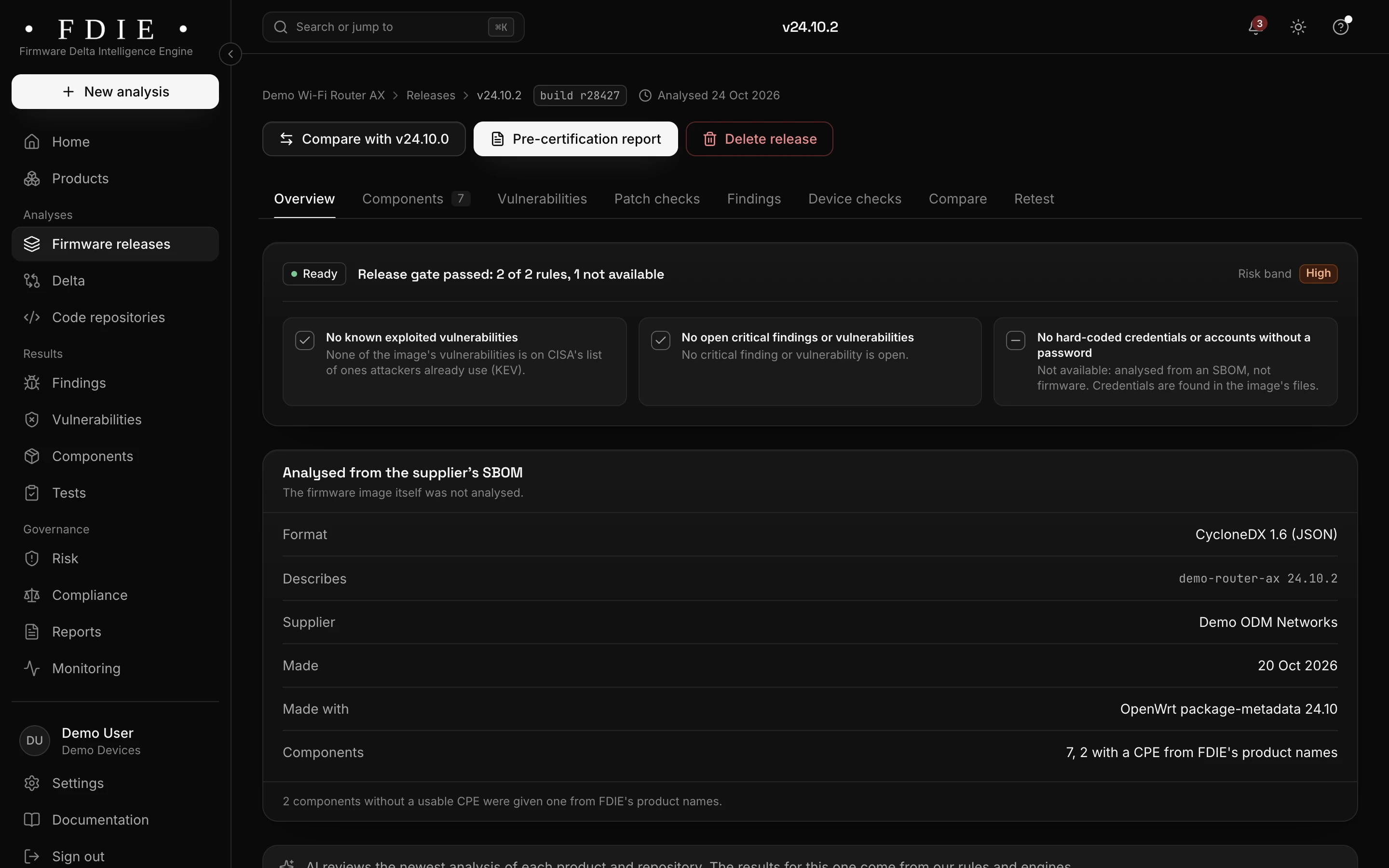 A router release analysed from the supplier's SBOM, a CycloneDX 1.6 file from the ODM: the release gate passed on 2 of 2 rules, with the credentials rule not available because no image was analysed, and the SBOM's format, supplier, tool and seven components.
